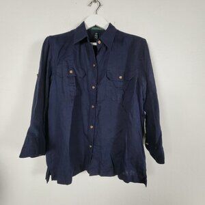 Lauren Ralph Lauren Womens Navy Blue Linen Button-Up Shirt XL Long Sleeve Casual